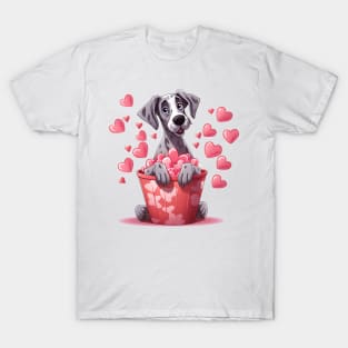 Cartoon Great Dane Dog in Hearts Basket T-Shirt